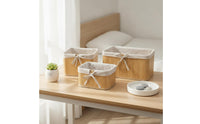 4 Pieces Natural Woven Basket with Lining Artisanal Bamboo Storage Basket Compact Desktop Organizer Rustic for Bathroom