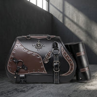 Retro Motorcycle Saddlebags PU Leather Motorcycle Bags with Chains Hard-Shell Side Luggage Shielding for Bikers, Cruiser Riders, Motorcyclists, Touring, Road Trips, Commuting
