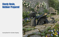 Mythical Resin Wyvern Sculpture, Three-Part Black & Silver, Garden Courtyard Accent, Outdoor Art
