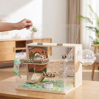 Large Hamster Cage with Wood and Acrylic, Transparent Multi-Level Syrian Habitat for Indoor Use, Luxury Rectangular Dwarf Acrylic Hamster Cage
