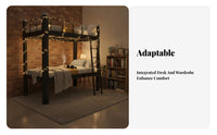Loft Bed with Desk and Wardrobe Multi-Functional Loft Bed with Desk and Storage Raised Rail for Students, Teenagers, Dorm Room, Apartment