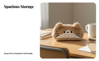 Embroidered Feline Face Bag Cute Design Cute Feline Zippered Pouch Large Capacity Soft Animal Pen Holder for Students, Girls
