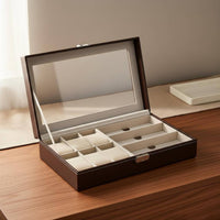 Watch and Glasses Storage Box Soft Cushioned Slots 6 Slot Watch Display Case Clear View Lid PU Leather Jewelry Organizer for Closet