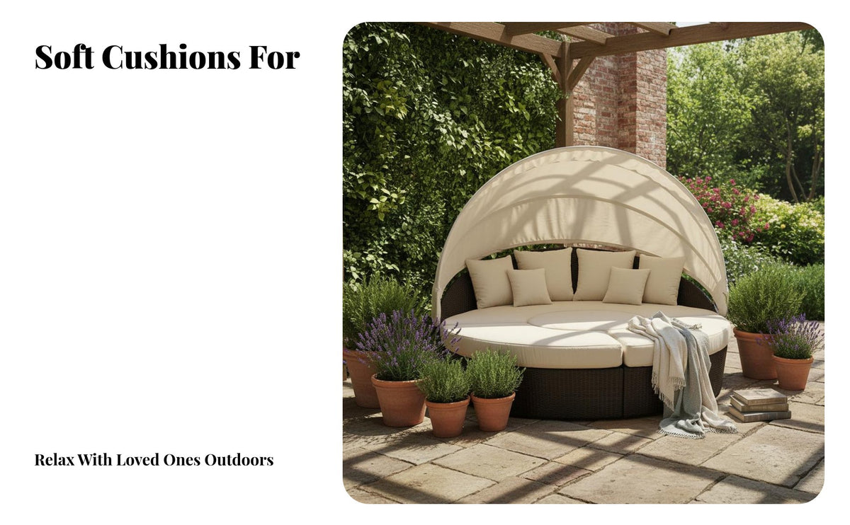 Round Canopied Daybed Waterresistant Exterior Furnishing Sun-Resistant Lounge Seating for Home Dwellers, Business Owners, by the Pool, Balcony