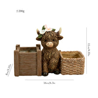 Scottish Cattle Planter Farmhouse-Style Cow Planter with Two Baskets Rustic Patio Statue for Balcony