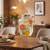 Beverage Dispenser with Ice Crackle Glass, Water Juice Dispenser with Metal Lid and Stand, Simple Style Drink Dispenser for Home Bar Parties