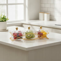 3-Compartment Serving Tray with Lidded Containers Gold-Tone Snack Tray with Lids Transparent Condiment Server with Lids Rectangular for Hosts, Dessert Service, Tea Time, Coffee Table, Countertop