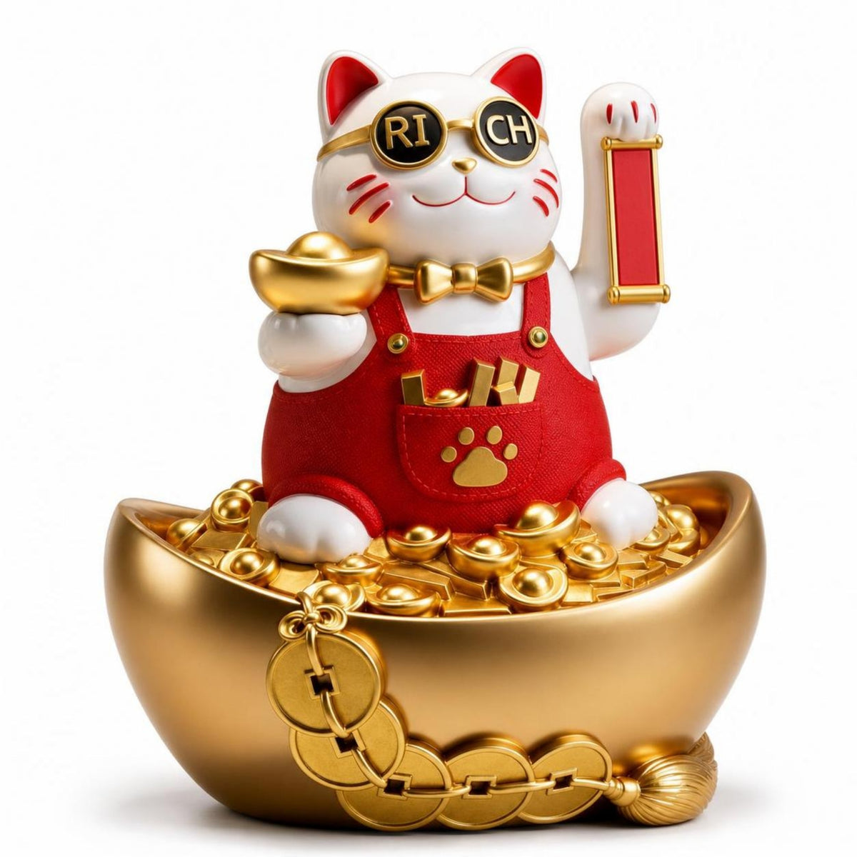 Auspicious Cat Figurine with Raised Paw Gold-Toned with Bowl Welcoming Ornament for Business Owners, Homeowners, Cashier Desk