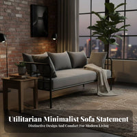 utilitarian aesthetic Iron Frame Settee Minimalist Design Sofa Modern Aesthetic Small Couch stylish for Interior Designers, Apartment Dwellers, Clothing boutique, cosmetic studio, Office Reception, Waiting Room
