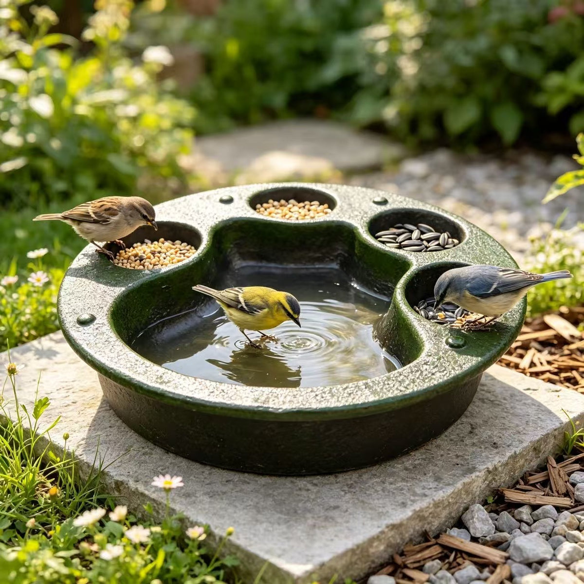 Resin Multi-Compartment Bird Feeder and Waterer for Garden