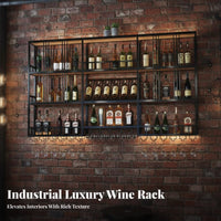 Wall Mounted Vino Rack Wrought Iron Industrial Bar Shelf Multifunctional Metal Vino and Glass Rack for Restaurant Owners, Homeowners, Dining Room, Pub