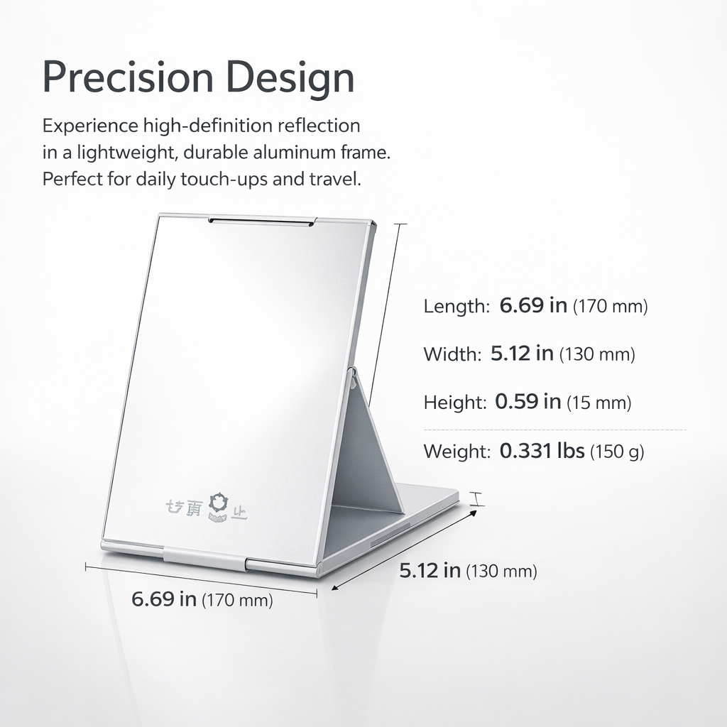 Folding Mirror Compact for Travel Makeup Lightweight Aluminum Frame Handheld for Daily Use, Foldable Small with Handle, 17 x 13 cm