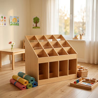 Slanted Slots 12 Compartment Rack Child-Centered Carpet Storage Rack Wooden Open Frame for Kindergarten