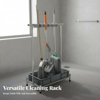 Multi-Functional Floor Standing Mop and Broom Rack With Drain Tray Movable Mop Rack Heavy Duty Freestanding Broom Holder Flexible Loaded Holders for Janitors, Commercial Areas, Janitor's Closet, Garage, Warehouse