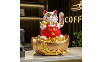 Auspicious Cat Figurine with Raised Paw Gold-Toned with Bowl Welcoming Ornament for Business Owners, Homeowners, Cashier Desk