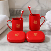 Wedding Bathroom Set with Toothbrush Holders, Cups, and Soap Dish - Red Bridal Essentials
