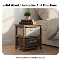 Narrow Bedside Storage Cabinet with Woven Baskets Solid Wood Frame Drawer Space Saving Nightstand for Bedroom, Living Room, Hallway