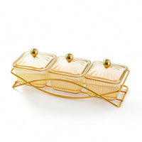 3-Compartment Serving Tray with Lidded Containers Gold-Tone Snack Tray with Lids Transparent Condiment Server with Lids Rectangular for Hosts, Dessert Service, Tea Time, Coffee Table, Countertop