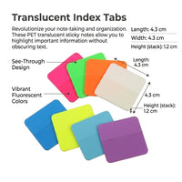 Fluorescent Sticky Notes Index Tabs for Studying, Transparent PET Material Bookmark Flags for Note Taking, Colorful Repositionable Markers