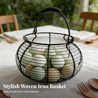 Sturdy Iron Construction Wire Egg Basket Rustic Design Round Basket with Handle Ventilated for Countertop, Pantry, Garden