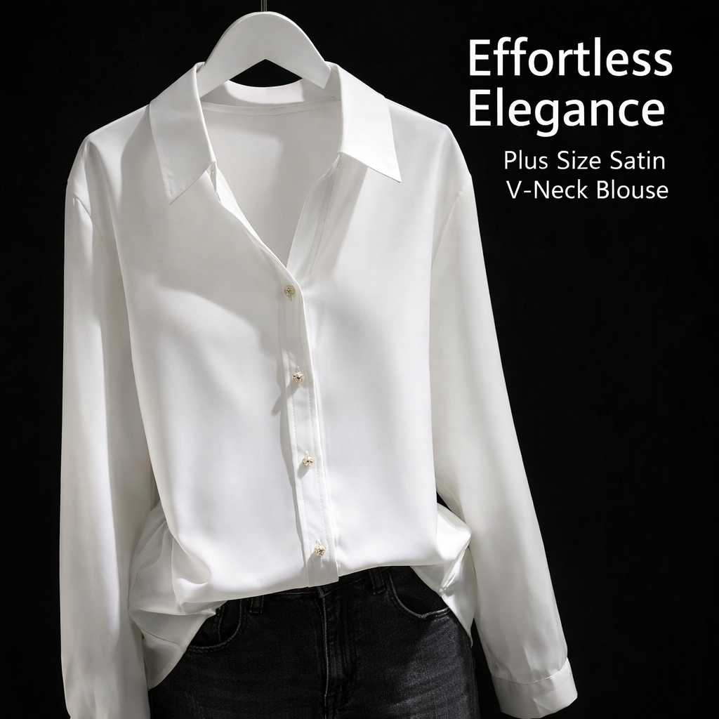 Silk-Like Shirts for Women Plus Size with V-Neck Long Sleeve Design, Party Tops and Office Wear, Dress with Stretch Material