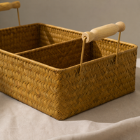 Handwoven Seagrass Storage Basket with Wooden Handles and Dividers