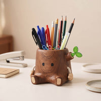 Wooden Pen Holder Solid Wood Stump Pen Holder Wooden Desk Organizer Carved Container Charming for Students, Office, Study