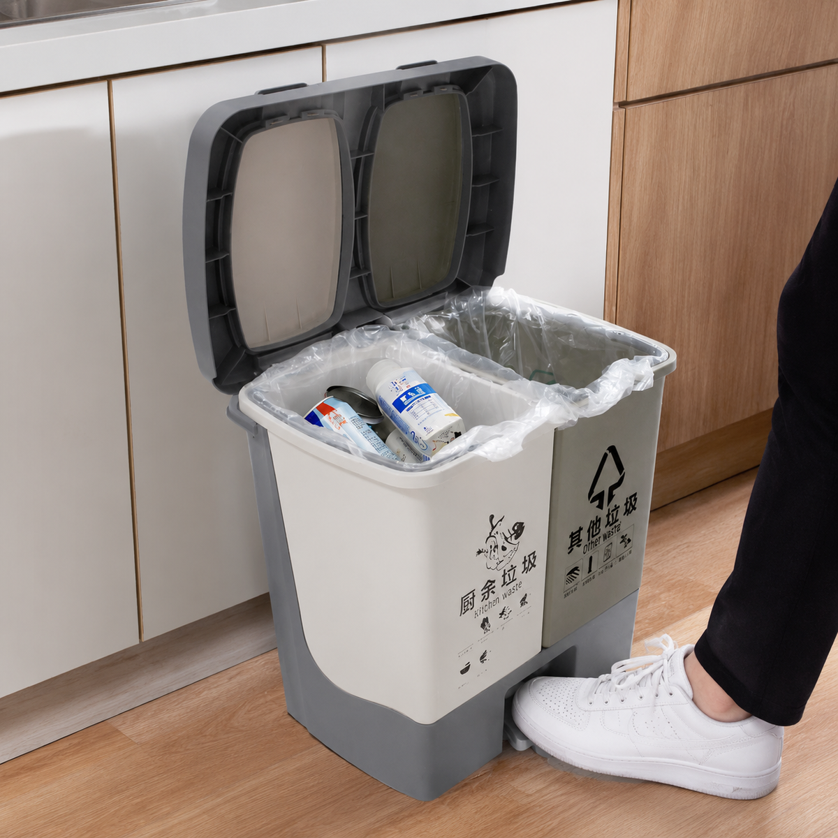 Kitchen Bin, Dual Compartment Pedal Bin with Soft Close Lid, Polypropylene Recycling Bins for Kitchen, Grey