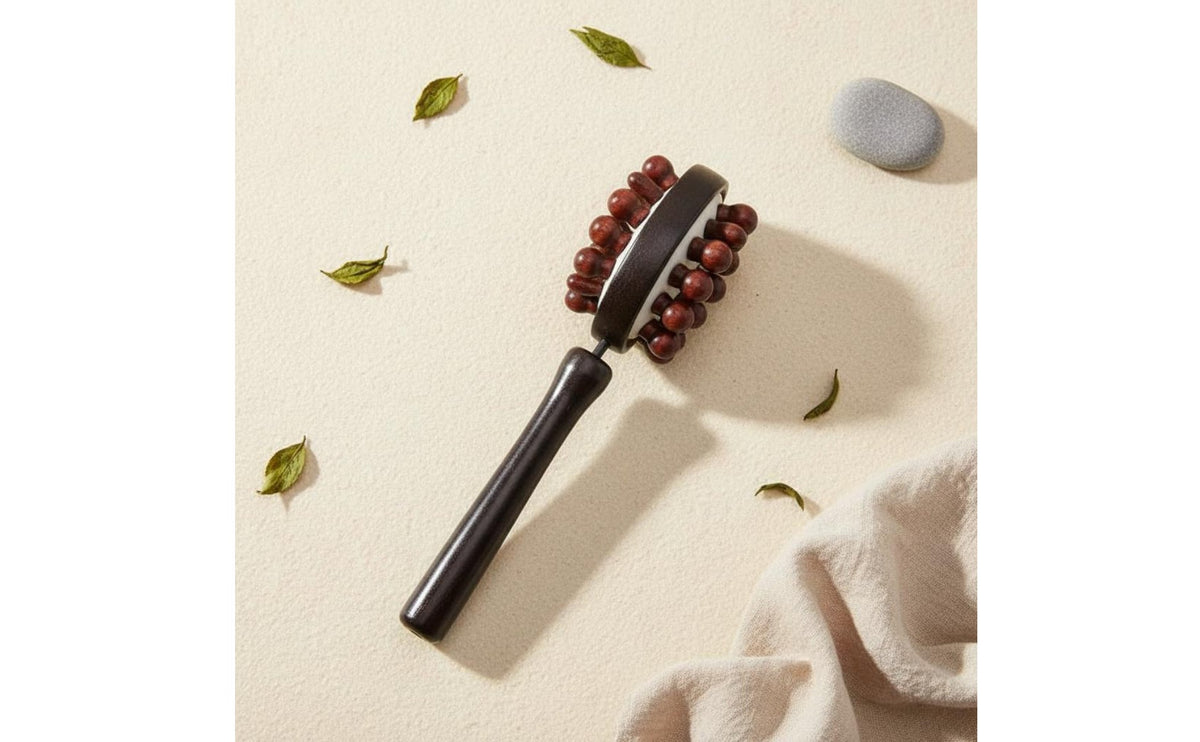 Solid Wood Beads Double-Sided Massage Hammer Ergonomic Design Massage Hammer Lightweight Long Handle Back Massager Portable for Null