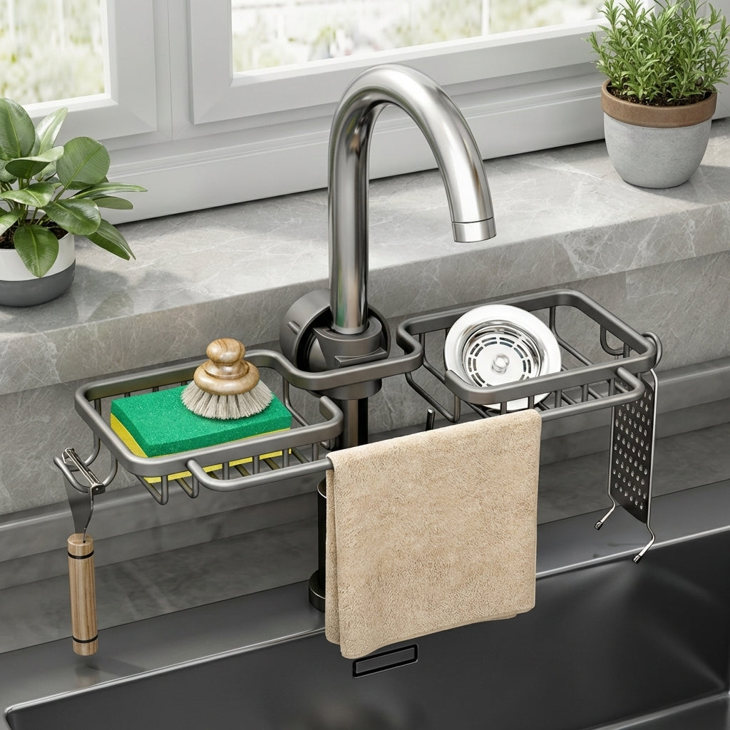 Kitchen Sink Organizer Faucet Shelf with Two Sponge Holders and Dishwashing Rack, Lightweight aluminum Over Faucet Sink Tidy with Towel Bar Clamp