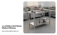 Rust-Proof 2-Tier Stainless Steel Work Table Easy to Clean Commercial Kitchen Prep Table High Load-Bearing Capacity Heavy Duty Workbench Food Grade for Restaurant Owners, Professionals, Home Cooks, Warehouse, Pantry, Garage