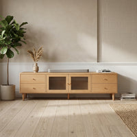 TV Cabinet with Drawers Solid Wood TV Stand with Drawers Ribbed Glass-Front Media Console for Living Room, Apartment