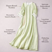 Meditation Vintage Dress for Women with Chinese Style Round Neck and Embroidery, Ethnic Oriental Midi in Premium Lyocell Material