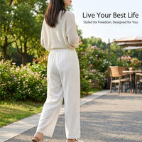 Linen Trousers Womens Wide Leg with High Waist Elastic Band, Blend Summer for Casual Wear, Cropped Harem Pants UK