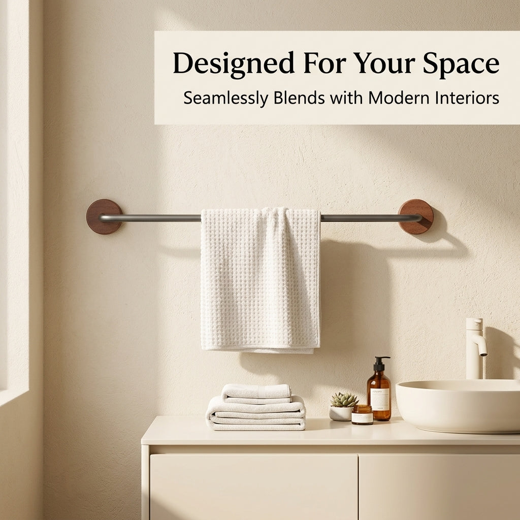 Wall Mounted Single Towel Bar for Powder Room and Vanity, Beech Wood Rail and Cupboard Bar, No-Drill Bar for Homeowners