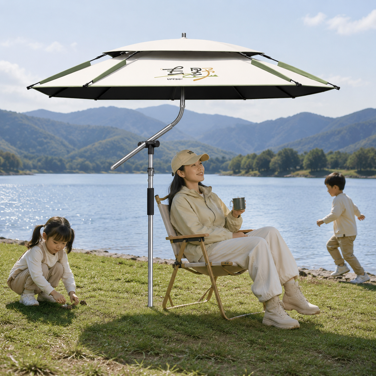 Dual-Use Rain & Sun Folding Umbrella, UPF50+ Sun Umbrella, Adjustable Height & Angle, Square Shape, Wind-Resistant, Cream Coffee