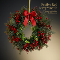 Christmas Wreath for Front Door, Artificial Christmas Wreath with Red Berries and Bow, Handmade Festive Decor for Door Wall Fireplace Mantel