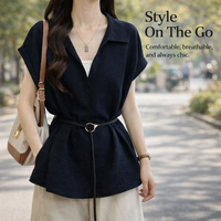 Ladies Tops Womens Blouses with Faux Layered Design and Tie Waist Belt, Loose Fit Pullover Shirt for Office Wear, Business Casual for