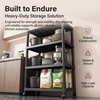 Black Shelving Unit for Kitchen, Modern Freestanding Pantry Shelving Unit with Wheels, Adjustable Storage Shelves