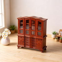 Vintage Pine Wood Miniature Glass Display Cabinet with Drawers for Dollhouse