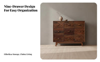 Naturally Weathered Finish Wabi-Sabi Design Low Cabinet Artisan-Made Rustic Elm Wood Sideboard 9 Drawer Wooden Chest for Guesthouse Owners, Homeowners, Interior Designers, Living Room, Bedroom, Entryway