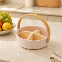 Small Ceramic Snack Serving Platter, Divided Serving Platter with Bamboo Handle, Japanese-Inspired Snack Tray for Entertaining Guests