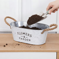 Whitewashed Oval Planter with Handles Galvanized Planter with Rope Handles Decorative Metal Flower Container Multipurpose for Windowsill