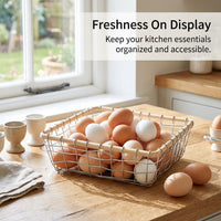 Kitchen Storage Wire Basket with Wicker Edge for Pantry Organizers and Black Metal for Fruits and Vegetables, Square Design