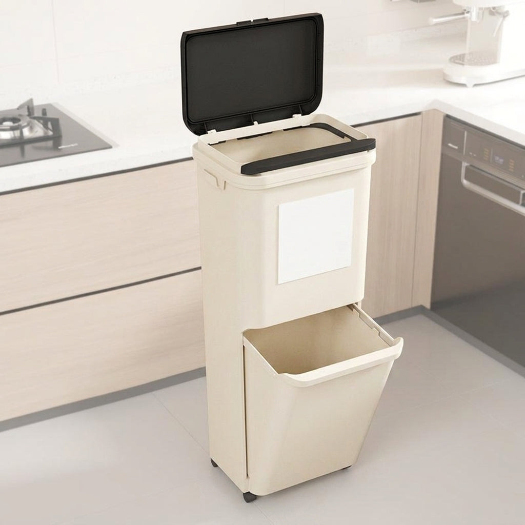 2-compartment Trash Can with Lid, Cylindrical Trash Bin for the Kitchen, 12L+ Removable Inner Bucket, Integrated Hook, Push Button