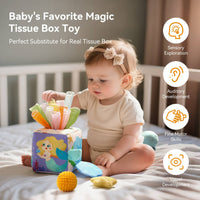 Color Recognition Baby Tissue Box Toy Mirror Surface Sensory Tissue Box Toy Pull Ribbons Cloth Activity Cube Fine Movement Skills for Babies, Toddlers
