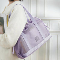 Double Shoulder Handles Mesh Drawstring Tote Bag Lightweight Drawstring Mesh Tote Reinforced Base Portable Carrier Large Capacity