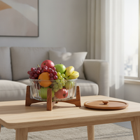 Genuace Glass Fruit Bowl with Lid and Wooden Base for Living Room, Coffee Table, Office