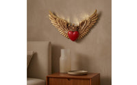Antique-Style Heart Crown Decoration Gold-Tone Angel Wing Plaque Raised Feather Detail Heart Wing Wall Decor Ornate