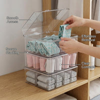 Underwear Organizer with Compartment Dividers, Transparent PET Material Lingerie Storage Box, Closet and Shelf Solution, Clear with Lid